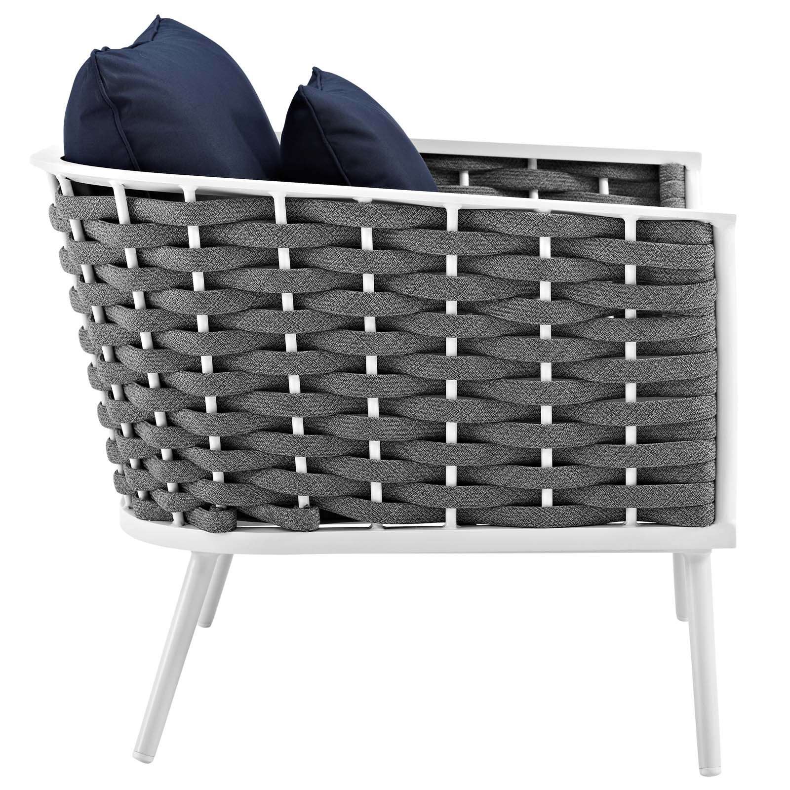 Modern Contemporary Urban Outdoor Patio Balcony Garden Furniture Lounge Chair Armchair and Side Table Set, Fabric Aluminium, White Navy - image 3 of 8