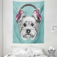 thumbnail image 1 of Yorkie Tapestry, Dog with Headphones Music Listening Yorkshire Terrier Hand Drawn Caricature, Wall Hanging for Bedroom Living Room Dorm Decor, 60W X 80L Inches, Pale Blue White, by Ambesonne, 1 of 2
