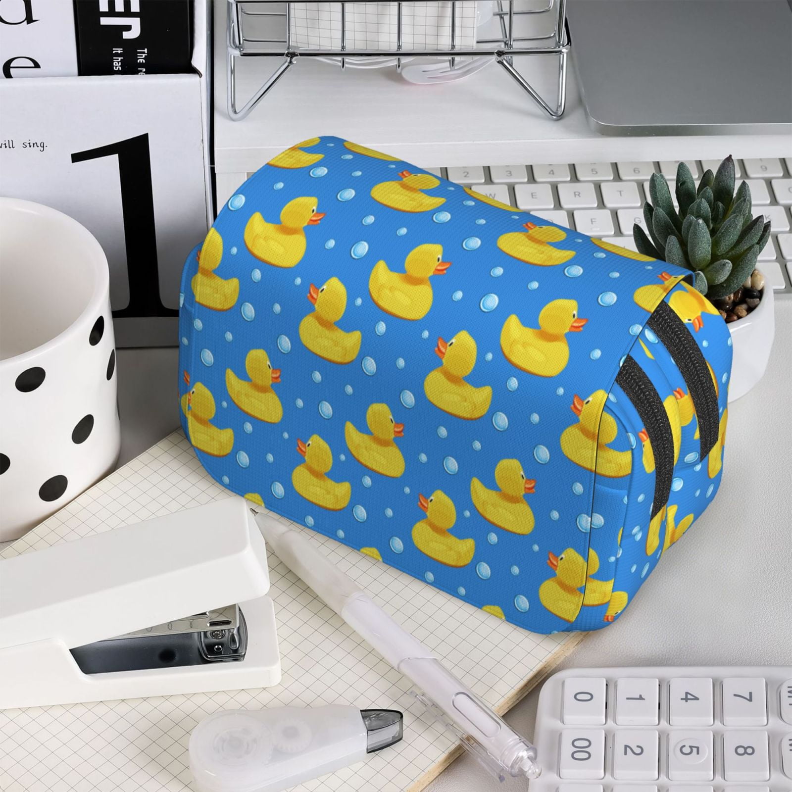 Rateoe Cute Yellow Rubber Ducks Pattern Double Clamshell Pen Case, Storage Organizer with Two Zipper Compartments– Holds Up to 50 Pencils & Pens
