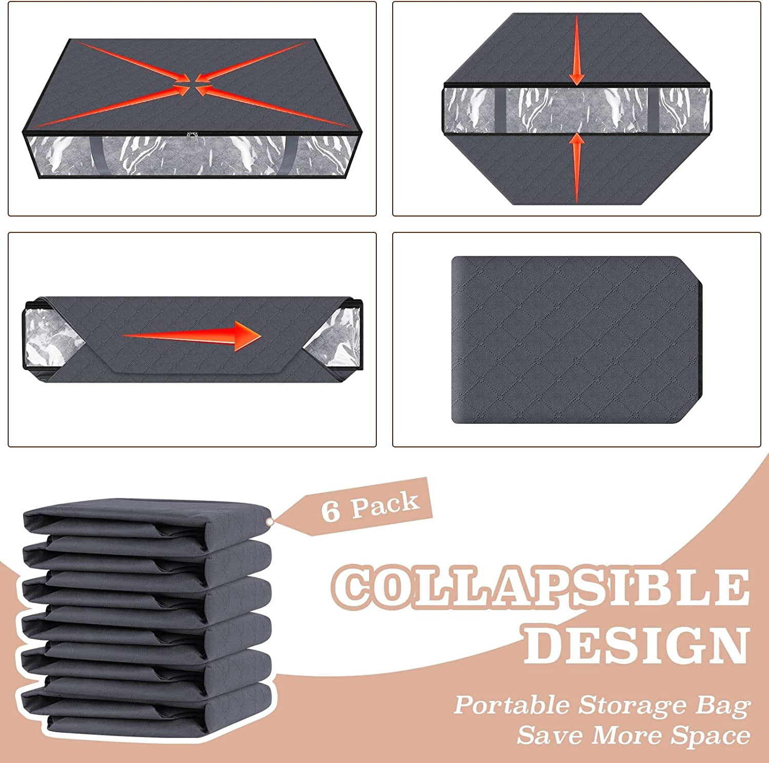 6 Pack Under Bed Storage Bags, Clothes Storage With Durable Handles,Large Capacity Storage Bins,Foldable Storage Organizers For Clothes,Bedding and Toys-Grey