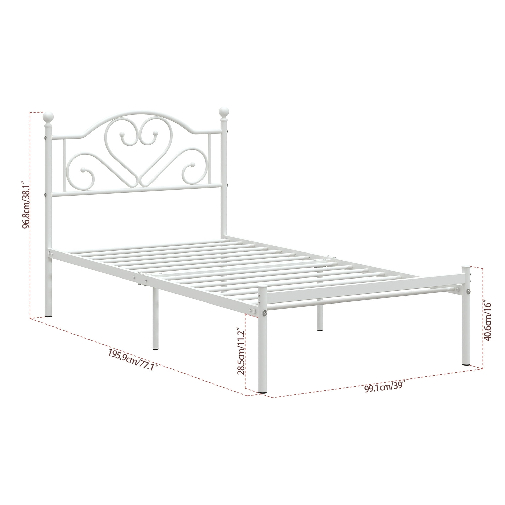 Yoneston Kids Twin Size Heavy Duty Metal Platform Bed Frame with Love-Heart Shape Headboard for Bedroom Furniture, White