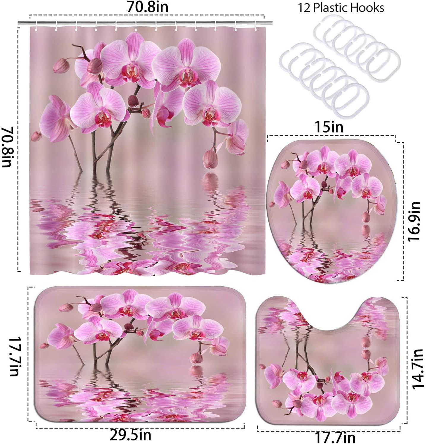 Bathroom Sets with Shower Curtain and Rugs, Toilet Lid Cover, Bath Mat, 4PCS Purple Rose Butterfly Shower Curtains for Bathroom, Romantic Flower Shower Curtains Set for Bathroom Decor