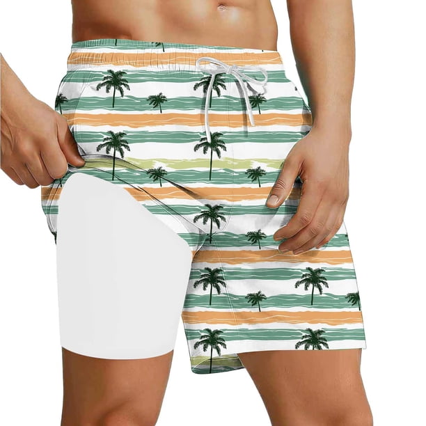Ceisia Men's Relaxed Fit Palm Tree Swim Trunks | Double-Layer Quick-Dry Beach Shorts | Elastic Waist Vacation Shorts Gift