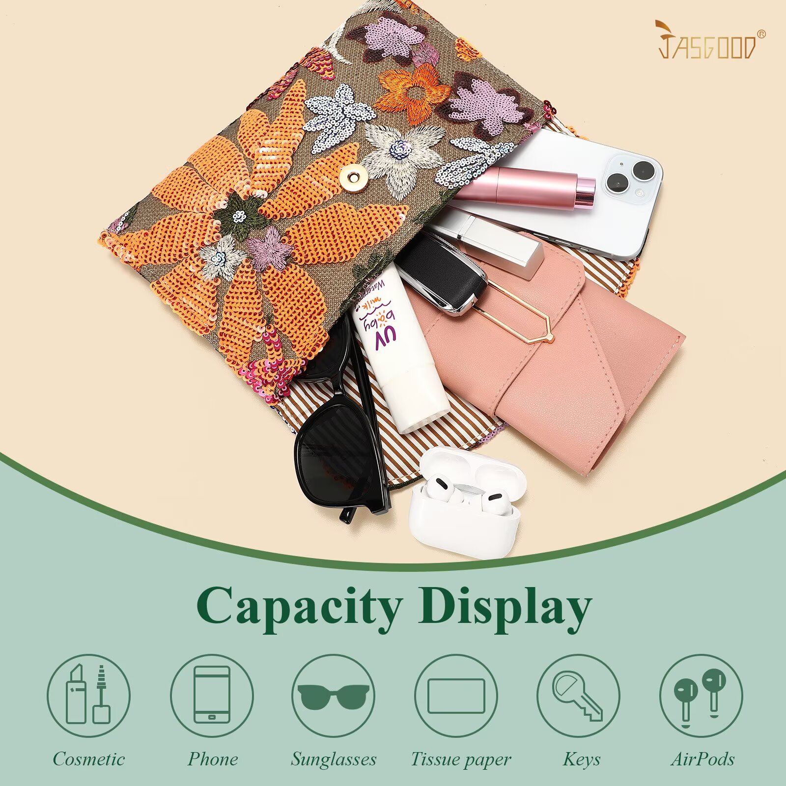JASGOOD Clutch Purses for Women Floral Evening Clutch Purses for Party Embroidery Sequin Beaded Womens Purse