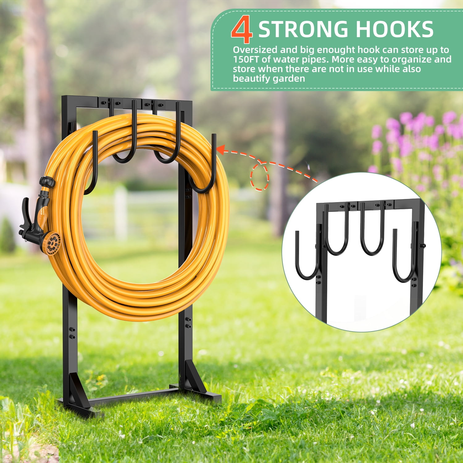 Garden Hose Holder Freestanding, Detachable Heavy Duty Metal Hose Stand with 6 Hooks, Water Hose Reel Rack Organizer