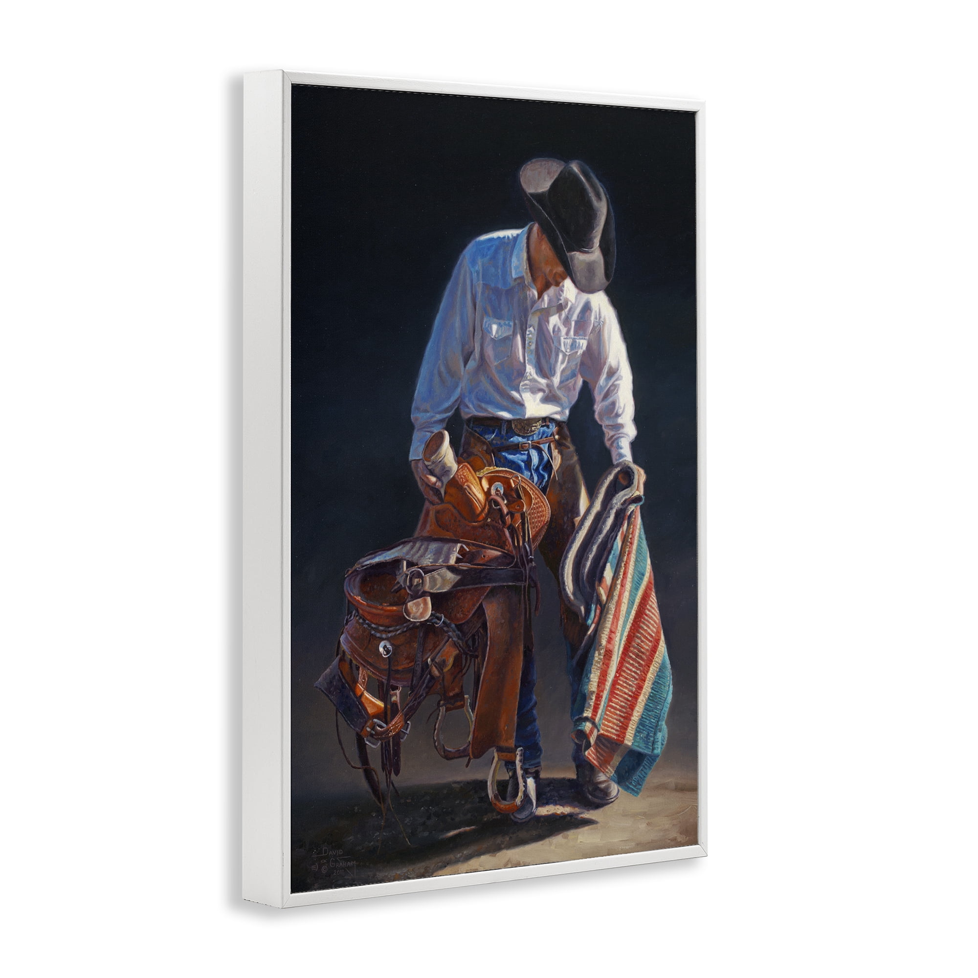 Stupell Industries Stoic Cowboy & Saddle Novelty Painting White Framed Art Print Wall Art, 12 x 18