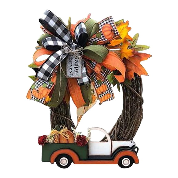 Fall Wreath,Artificial Pumpkin Truck Maple Leaf Wreath,Fall Thanksgivings Halloween Decor Indoor Outdoor Front Door Decoration