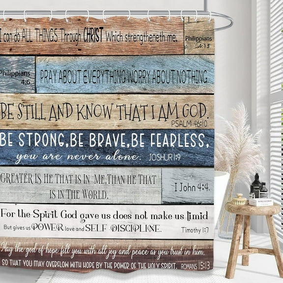 Bible Verse Christian Bathroom Shower Curtain 72W by 72H Inch Farmhouse Rustic Quotes Inspirational Motivational Positive Wood Wooden Fabric 12 Plastic Hooks Waterproof Decor