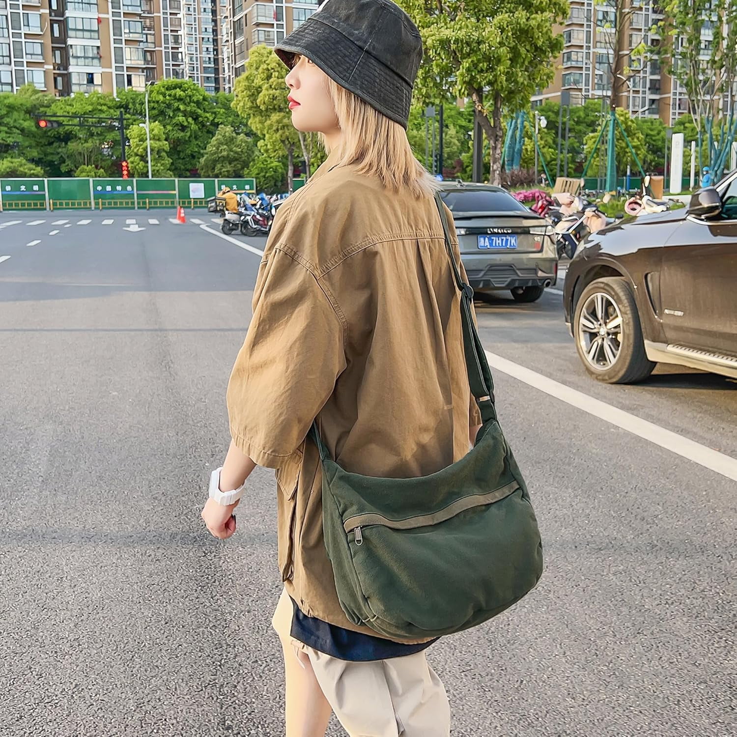 Canvas Messenger Bag Large Hobo Crossbody Bag with Zipper Casual Shoulder Tote Handbag for Women and Men