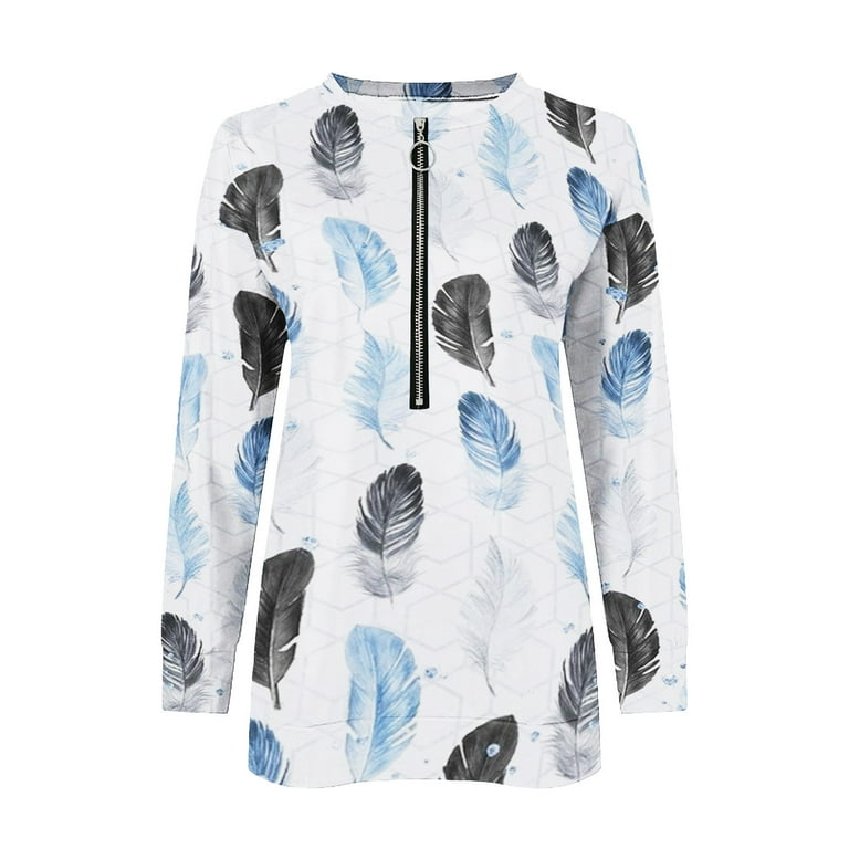 CYMMPU Trendy Blouses Ladies 1/4 Zipper Round Neck Clothing Girls' Feather  Printed Butterfly Floral Graphic Tops Long Sleeve Shirts Casual Sweatshirts  Holiday Tops Blue S 