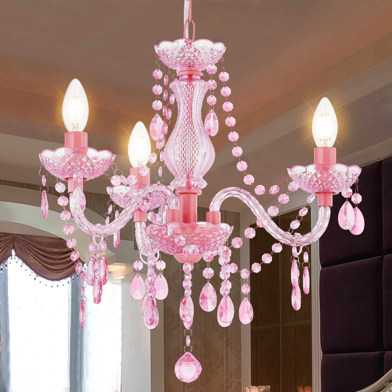 NATYSEAN Crystal Chandelier, 3-Light Modern K9 Crystal Chandelier for Dining Room, Pendant Ceiling Lighting Fixture for Bedroom, Living Room, Dining Room, Entryway, Pink