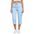 thumbnail image 2 of Women's Cargo Capris Cotton Pants with Button Pockets Elastic Waist Lightweight Cute Hiking Casual Pant for Summer (Sky Blue,XL), 2 of 6