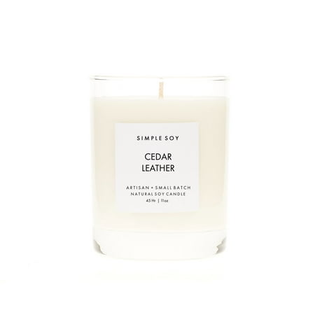 Cedar Glass Candle - Simple Soy Natural Scented Soy Candle, Cedar Leather in Rock Glass, 11 oz