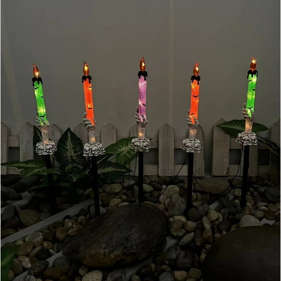Halloween Pathway Lights, 3 Pack Candle Skull Hand Candle Holder, Halloween Solar Lights Outdoor, LED Garden Lawn Yard Light for Halloween Decorations Outdoor