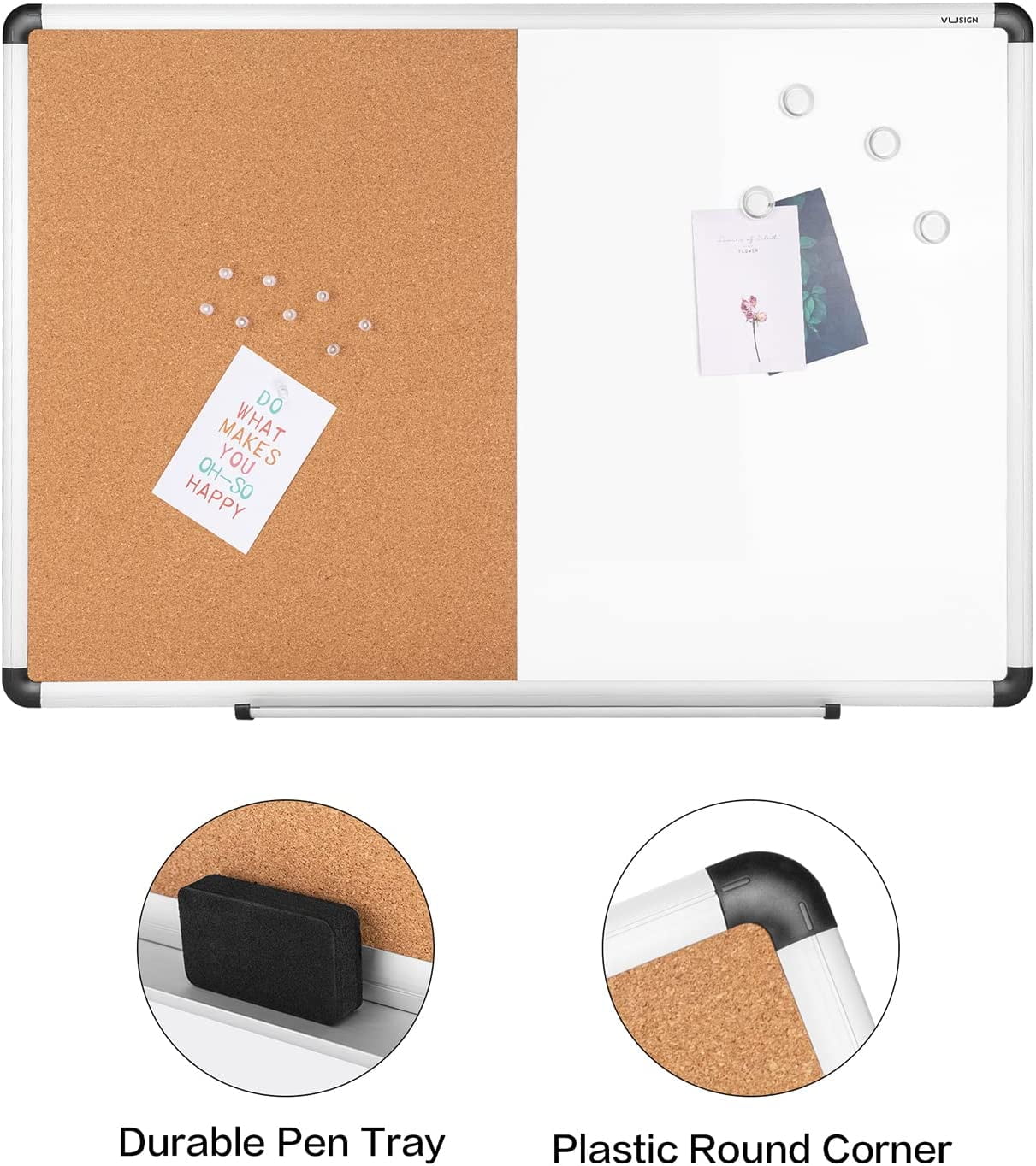 VUSIGN 2 in 1 Combo Whiteboard for Wall Magnetic Dry Erase Board Cork Combination Board 24" x 36" School Supplies