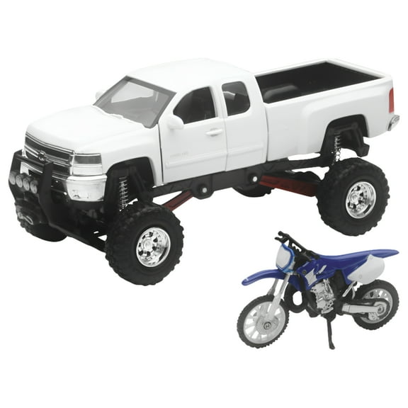 New-Ray  SS-54416; Replica 1:43 Truck / Race Bike Chevy White / Fits Yamaha Bike Blue