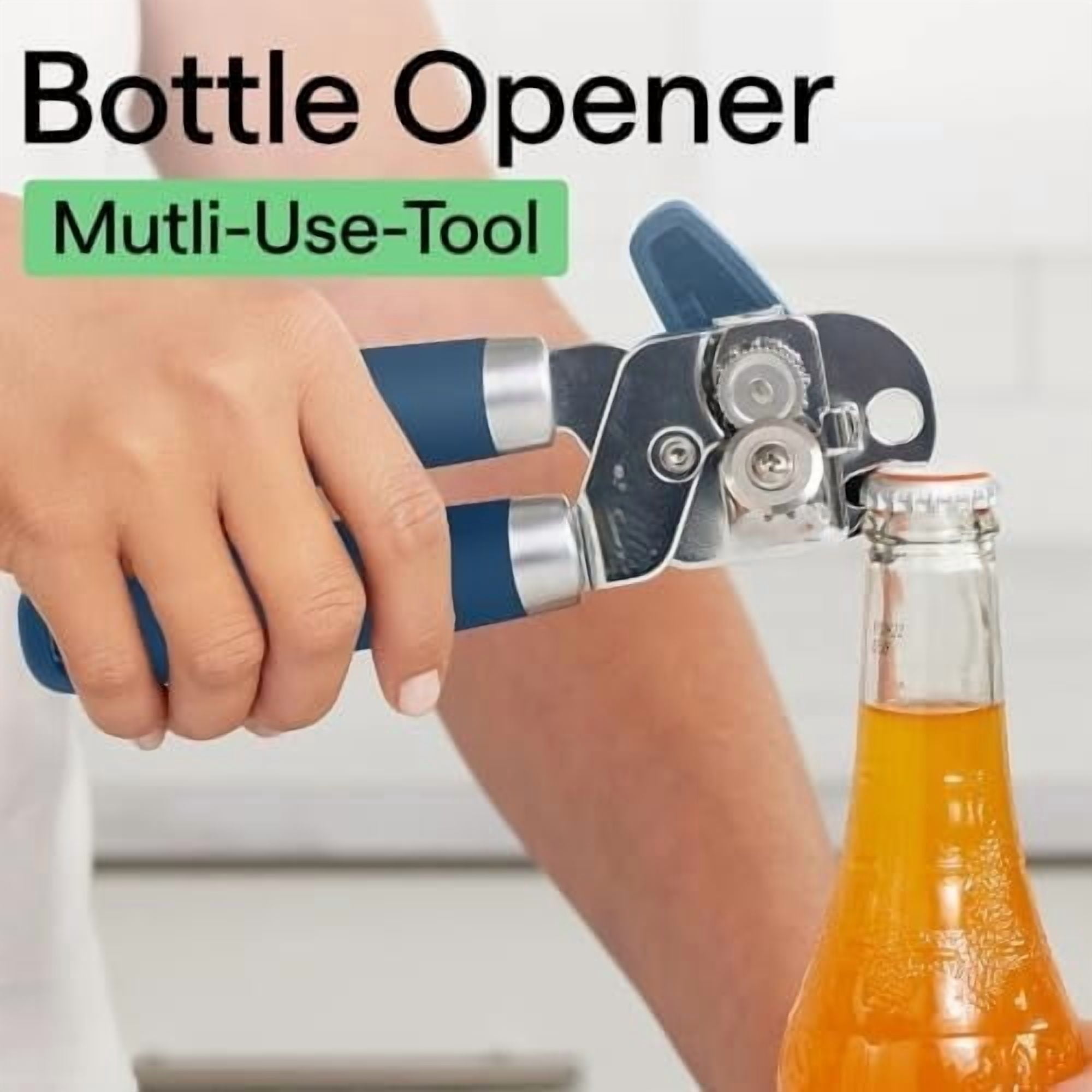 Heavy Duty Stainless Steel Smooth Edge Manual Can Opener and Bottle Openers, Soft Comfortable Handle, Oversized Handheld Turn Knob, US Designed Multifunctional Kitchen Tool, Blue