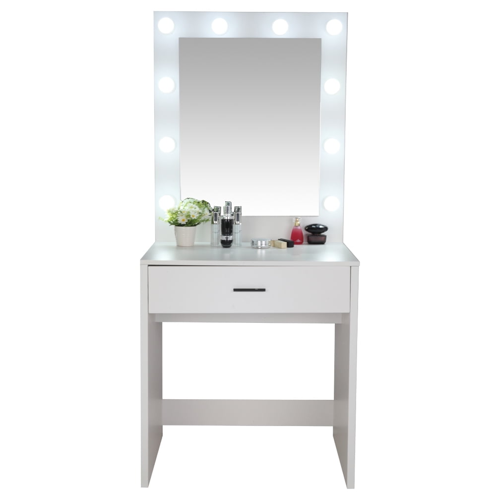 Kepooman Pattern Dressing Table, Large-Mirror Single-Drawer Vanity Table with Cold Light, White Kepooman Pattern Dressing Table, Large-Mirror Single-Drawer Vanity Table with Cold Light, White