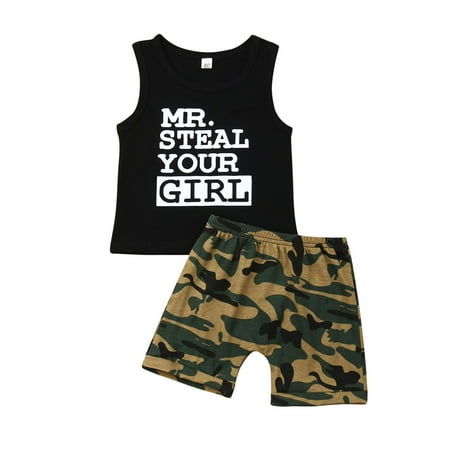 

Toddler Kid Baby Funny Letter Print T-Shirt Vest Sleeveless Tank Top Camouflage Shorts Outfit Set
