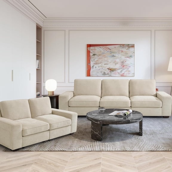 MAEVIS Modern Modular Chenille Sectional Sofa with Storage Space and Detachable Cover and Solid Wood Fame 3-Seat Modular Sectional Sofa & a Loveseat, Beige