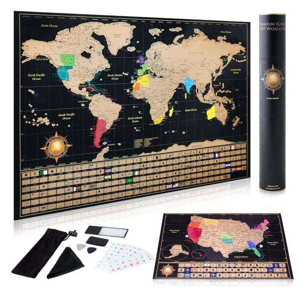 Póster de mapa mundial para rascar, mapa innovador con mapa y banderas de EE. UU.