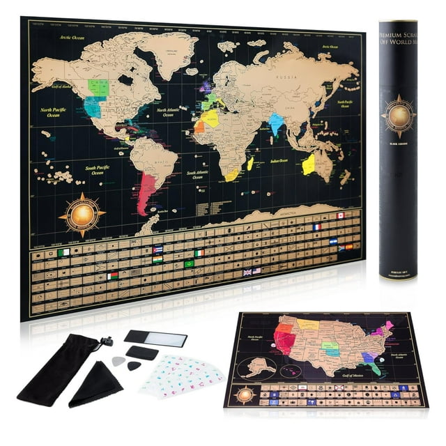 Póster de mapa mundial para rascar, mapa innovador con mapa y banderas de EE. UU.