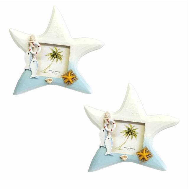 LEEYNEER3-Inch Photo Frame Set of 2- Starfish Photo Frame for Summer Vacation Memory Handmade Nautical Picture Frame for Tabletop Light Blue