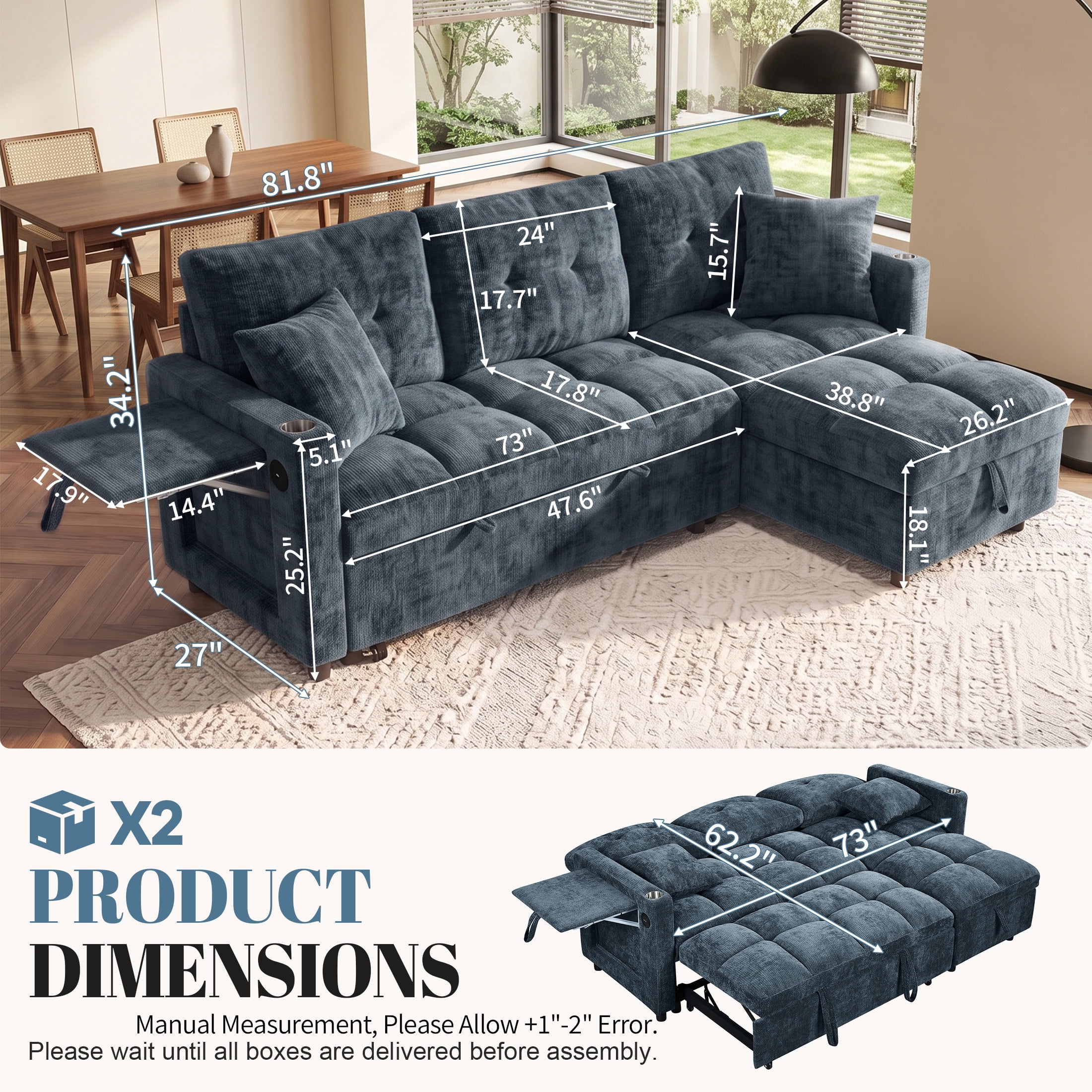 Aukfa 81" L Shape Sleeper Sectional Sofa Bed, Chenille Convertible Couch with Storage Chaise, Side Table & USB/Type-C Ports,Blue