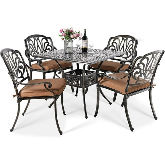 VIVIJASON 5-Piece Outdoor Patio Dining Set, All-Weather Cast Aluminum Conversation Set, Patio Furniture Set for Balcony Lawn Garden, Include 4 Cushioned Chairs, a 35.4" Square Table w/Umbrella Hole