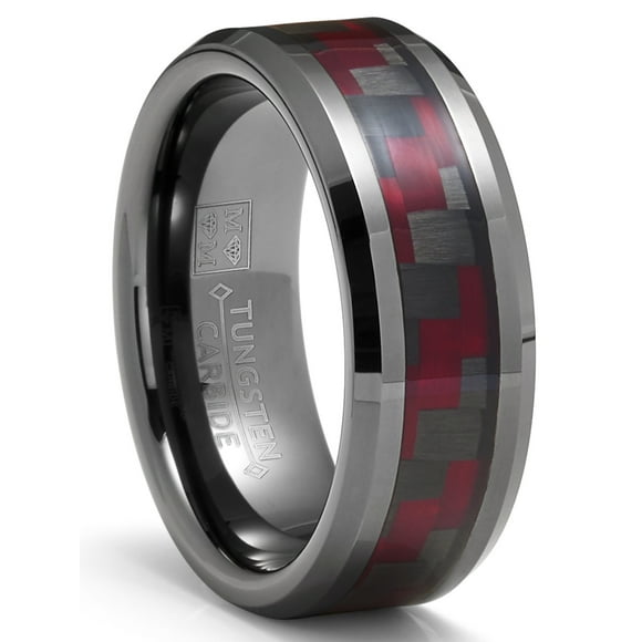 Mens Gunmetal Tungsten Carbide Ring Black Red Carbon Fiber Inlay Wedding Band 8MM