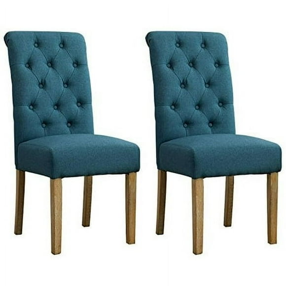 Roundhill Furniture Habit Solid Wood Tufted Parsons Dining Chair, Blue (Set of 2)