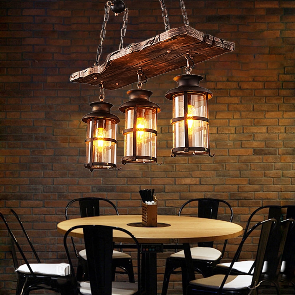 Antique Retro 3-Light Chandelier, Wood & Iron Pendant Light, Rustic Ceiling Light for Home, Bar, Restaurant, Café, Vintage Lighting Fixture