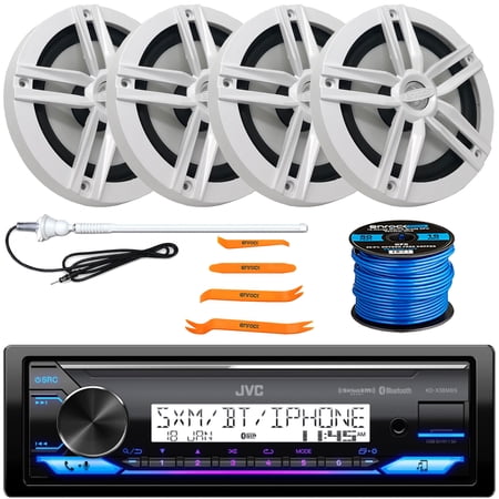 JVC KD-X38MBS Single DIN Marine Motorsports Bluetooth USB/AUX LED Illumination AM/FM Radio SiriusXM Ready Stereo Receiver, 4x 6.5" 180W Max 2-Way Speakers, Radio Antenna, Speaker Wire, Pry Tool Set