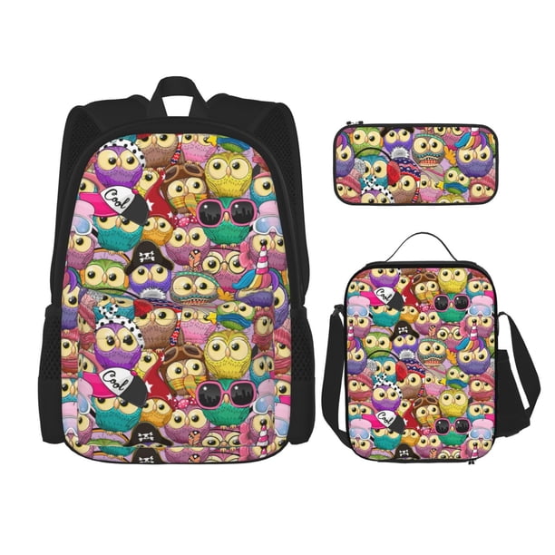 Easygdp Cute Cartoon Owls Mochila para Niños y Niñas con Set de Caja de Almuerzo y Estuche para Lápices 3 en 1, Mochila Escolar Estampada para Adolescentes