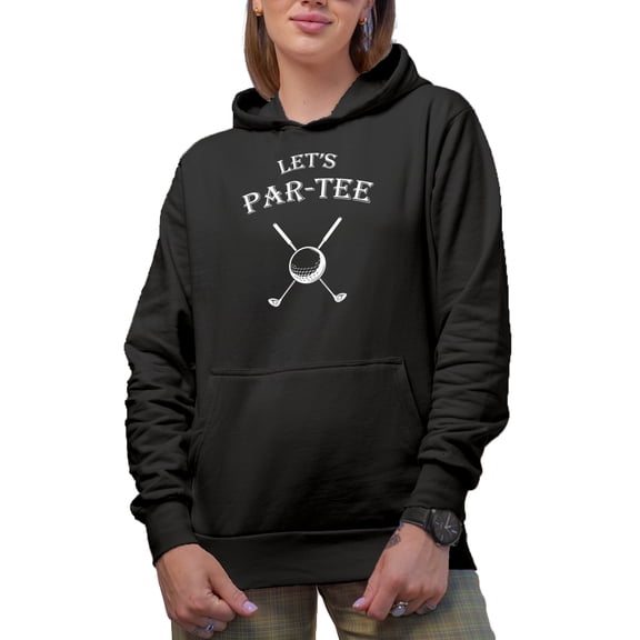 Let's Par-tee, Pun for Party with a Ball & Clubs, Golf Player, Golfing or Golfer Themed Merch Gift, Black Hooded Sweatshirt or Hoodie, Small