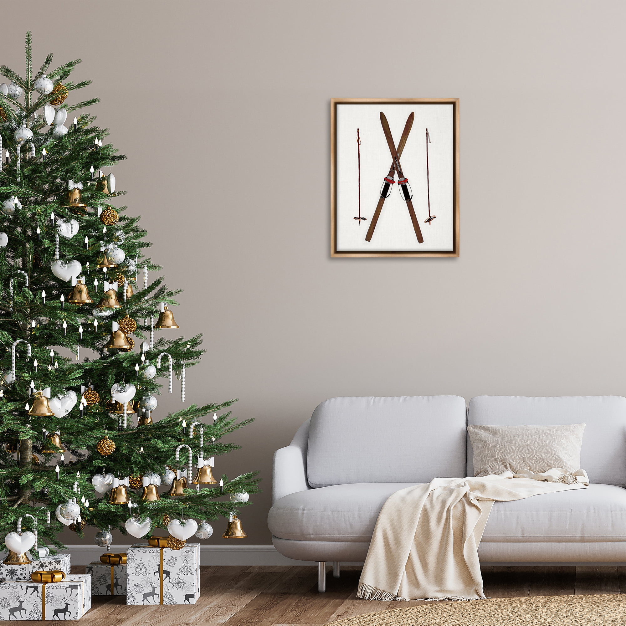 Stupell Industries Minimal Winter Skis Sports Painting Brown Floater Framed Canvas Art Prints Wall Art, 25 x 31