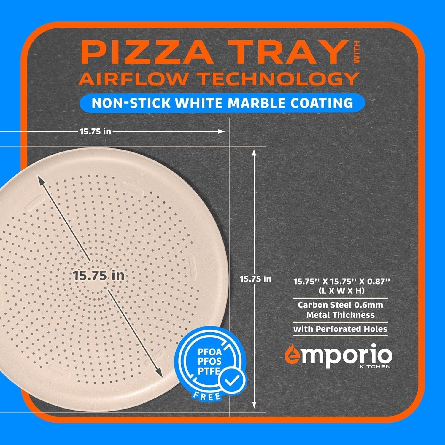 Emporio Kitchen Non-Stick Pizza Pan 2 Pack – 16 Inch Round Carbon Steel Pizza Tray with Perforated Holes, PFOAPFOSPTFE-Free, Dishwasher & Oven Safe Up To 450°F, Nonstick White Marble Coating
