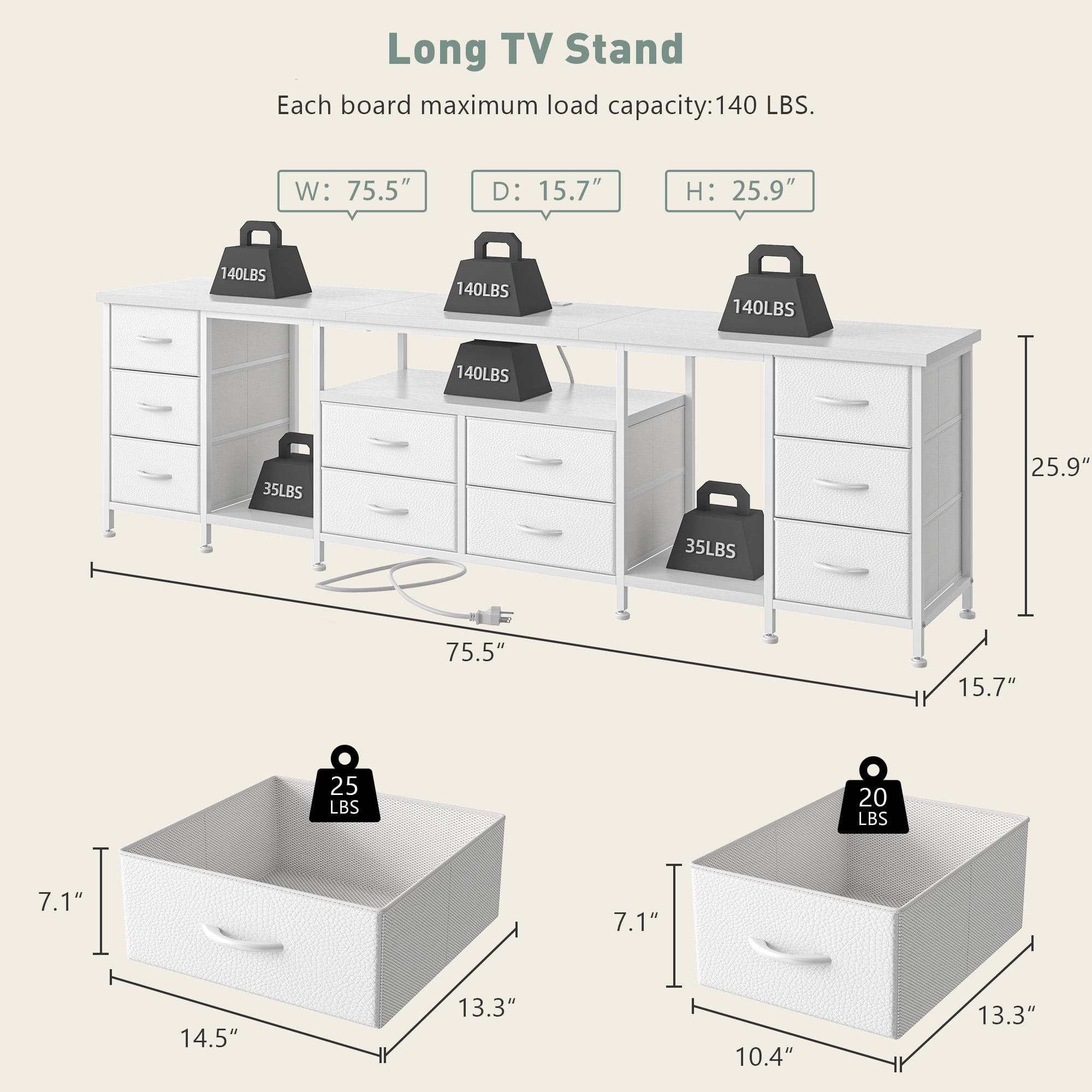 EnHomee TV Stand Dresser for 75 80 85 Inch TV Dressers for Bedroom with LED lights & Power Outlets TV stand with 10 Fabric Drawers and Entertainment Center,White