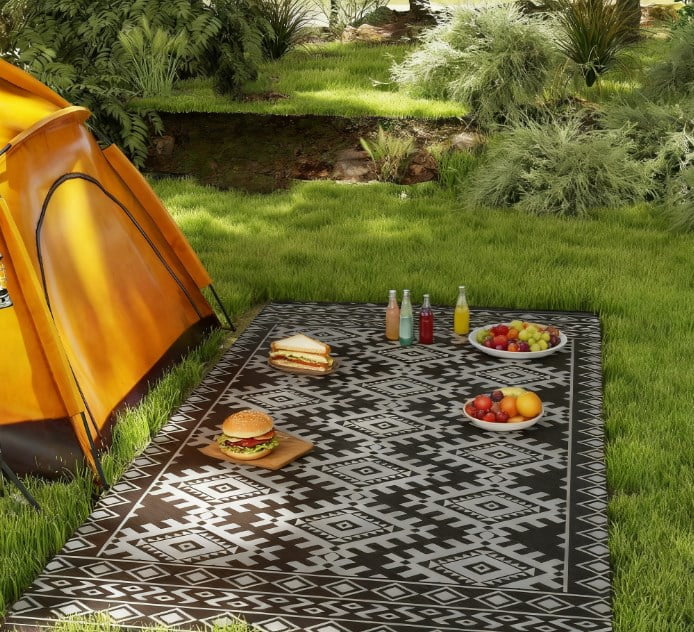 9' x 18' Black & Gray Rhombus Border Reversible Outdoor Rug, Waterproof Patio Camping Mat with Carry Bag, Foldable Portable RV Carpet