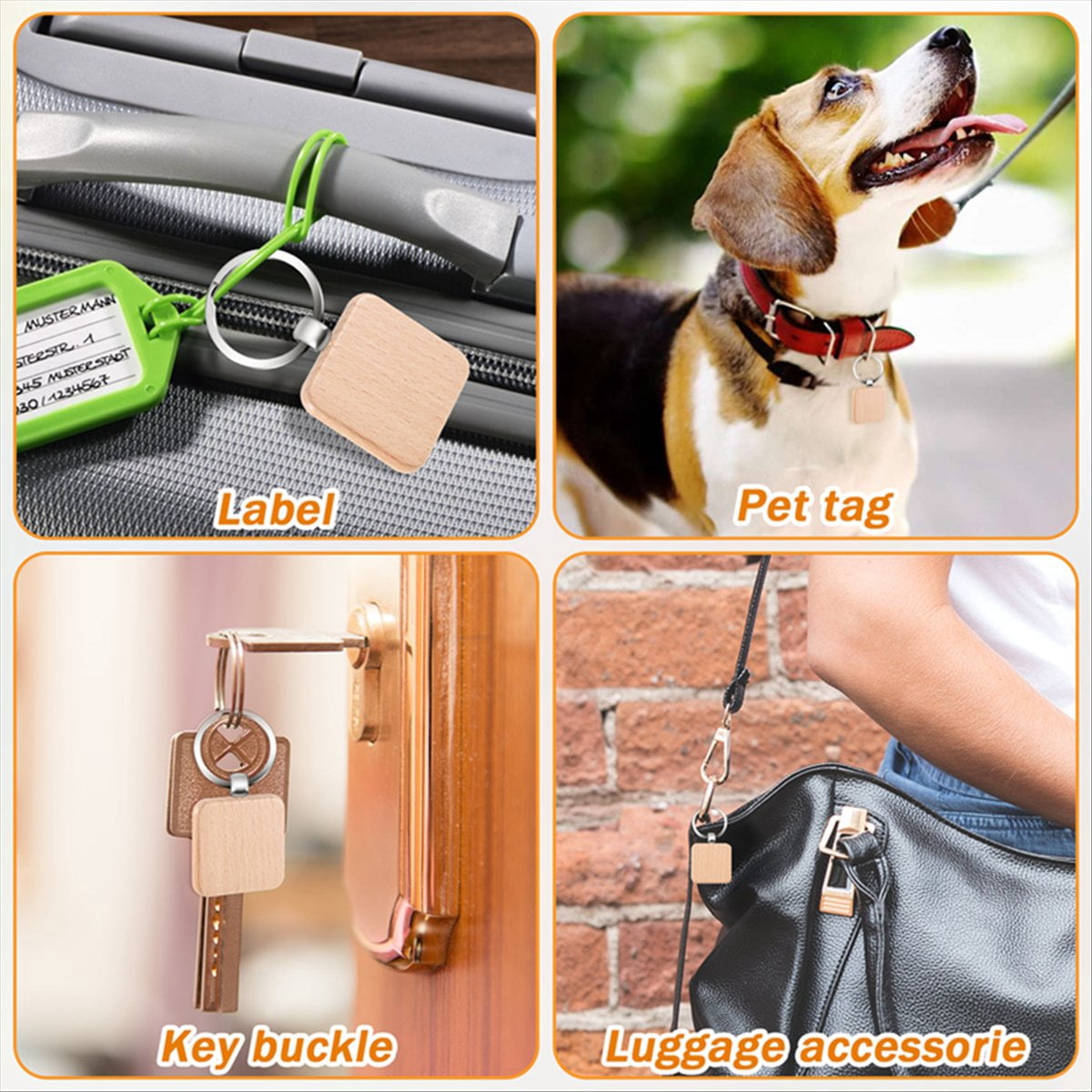 100Pcs DIY Blank Wooden Key Chain Square Carved Key Ring Wooden Key Ring About 40 x 40 mm,100 x Wooden Key Chain,Wood color & silver