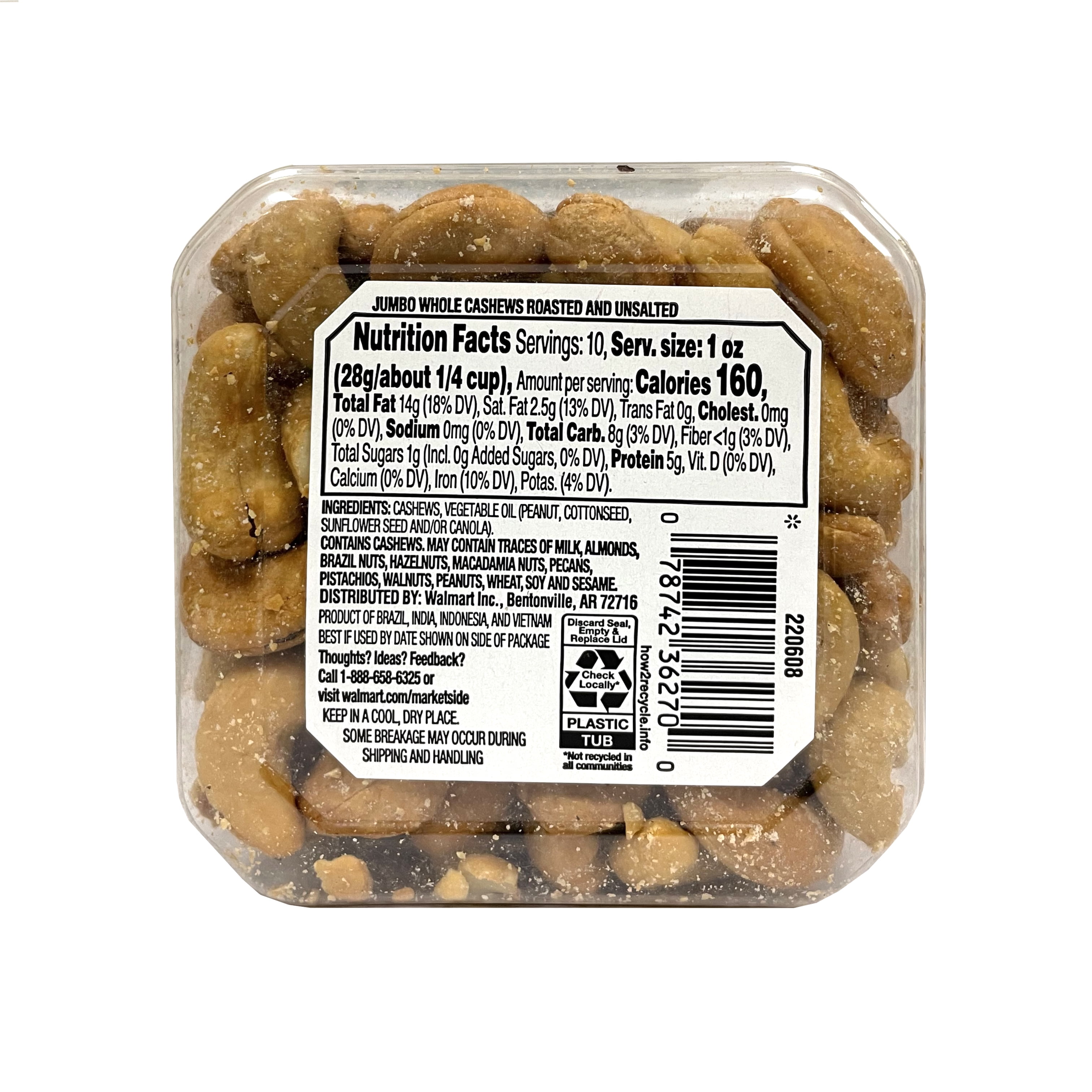(2 pack) Marketside Roasted Unsalted Jumbo Whole Cashews, 10 oz