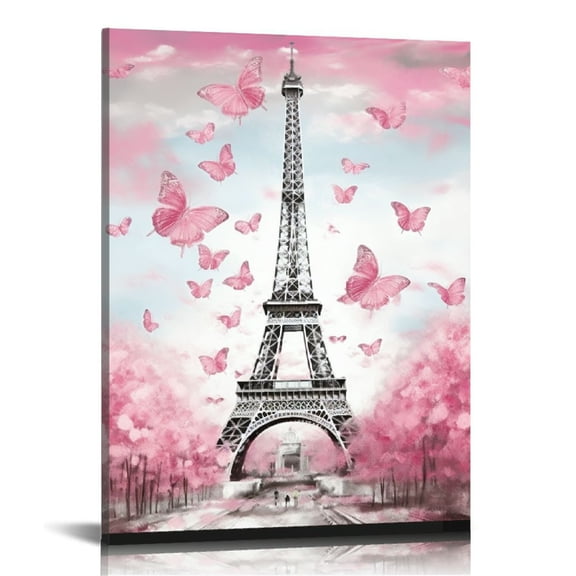 COMIO Living Room Pink and Gray Canvas Wall Art Bedroom Bathroom Girl Pink Paris Theme Room Decoration London Eiffel Tower Butterfly Painting Golden Gate Bridge Wall Decoration