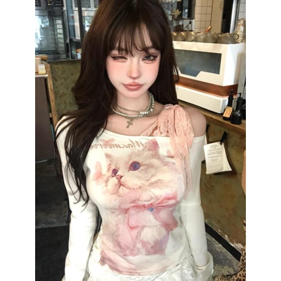 Fashion Sweet Long Sleeved Lace Tied T-shirt for Women 2025 Early Autumn New Tops Mujer Y2k Slim Fit Sleeve Tee Shirt