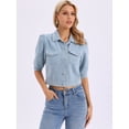 thumbnail image 4 of DARING DIVA Women's Short Sleeve Button Down Textured Cropped Jean Jacket XS Light Blue, 4 of 7