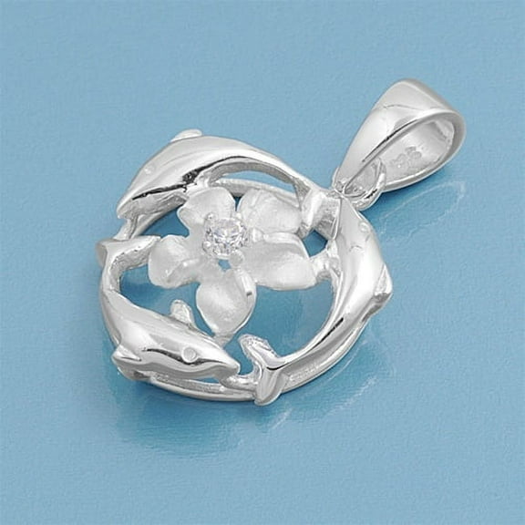 Dolphin Flower Plumeria Cubic Zirconia Pendant Sterling Silver