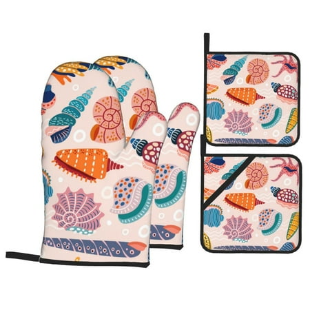

Oven Mitts and Pot Holders Sets 4 pcs - Colorful Seashells A Heat Resistant Silicone Oven Gloves with Non-Slip Silicone Surface and hot pads for kitchen Baking Cooking BBQ