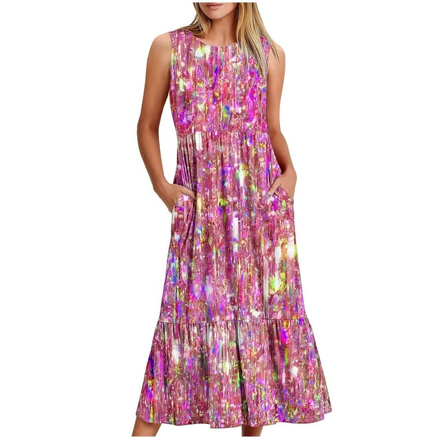 Fankiway Robe Longue Ample Sans Manches à Poches Col Rond Imprimé Robes d'Été pour Femmes Liquidation Robes pour Femmes Grande Taille Liquidation