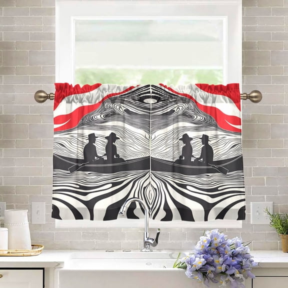 Yayeee Kitchen Curtains Tier Pair Light Filtering 27"x36" Rod Pocket Short Cafe Window Panel, Black Illusionary Boat