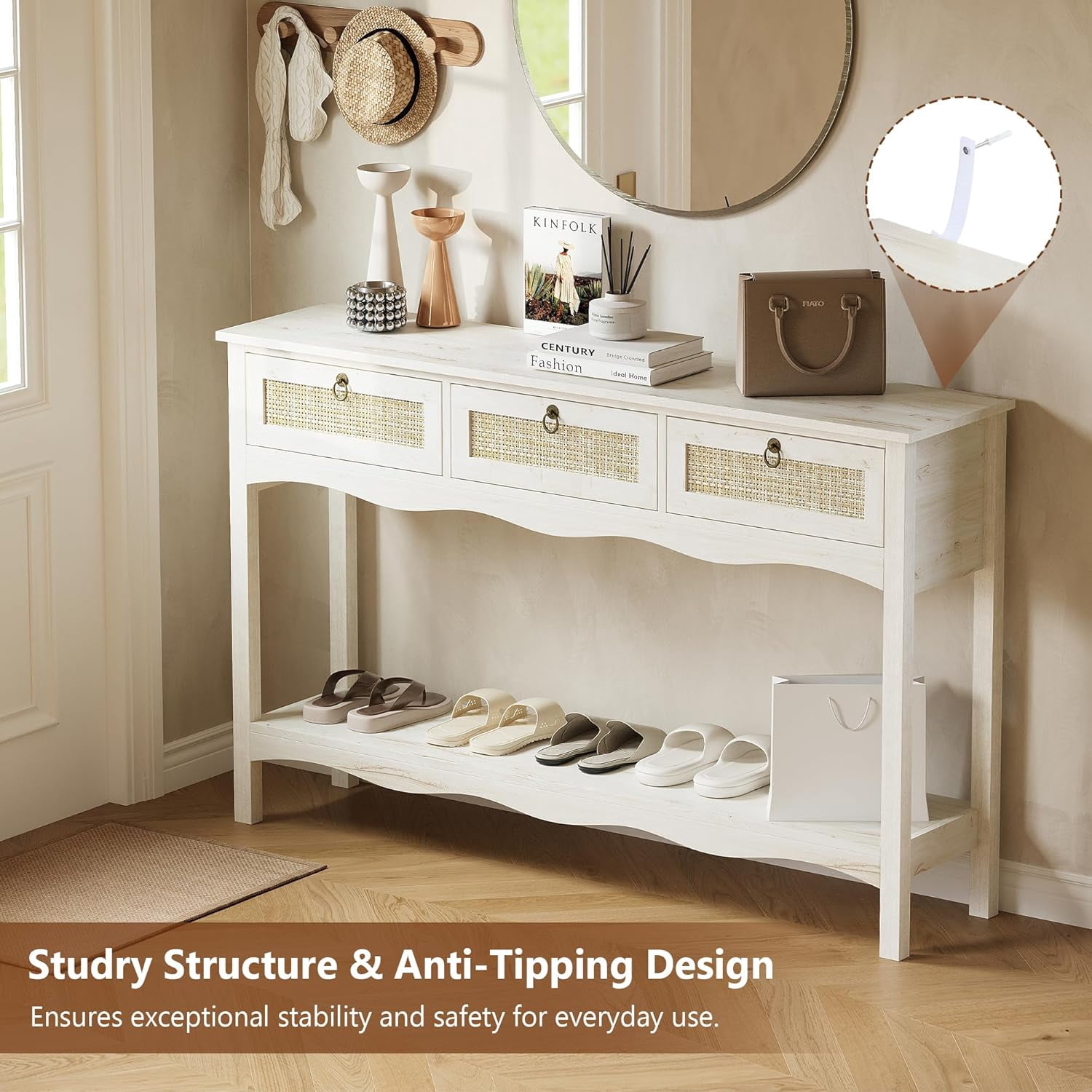 LAZZO 51” Boho Rattan Console Table, Narrow Entryway Table with 3 Drawers & Open Shelf, White