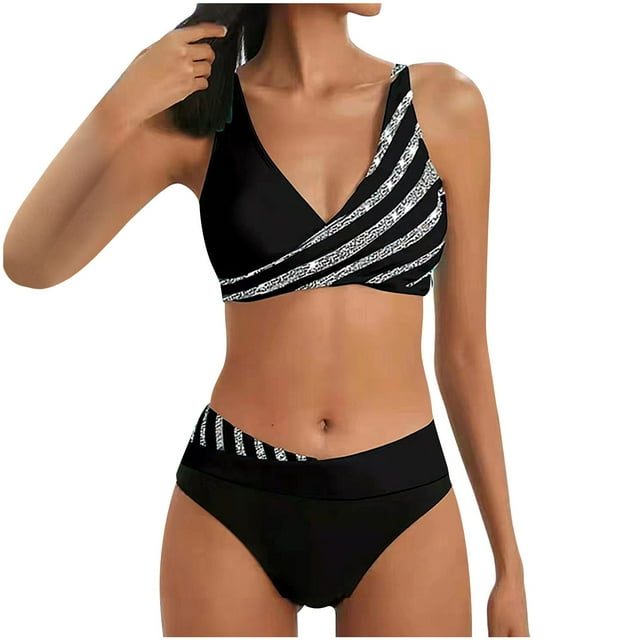 2 Piece Swimsuits Ladies Plus Size Striped Color Block High Waisted Bikini Set Bathing Suits Summer Beachwear (XX-Large, Black)